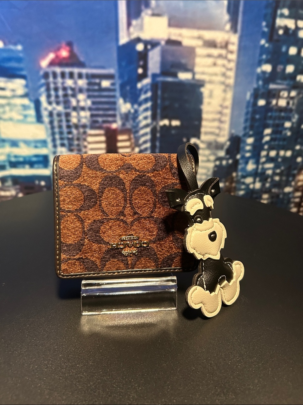 Coach Brown Signature Canvas Compact Wallet with Black & Cream Dog Charm